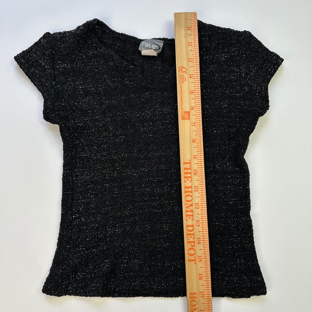 90s Rave Stretch Metallic Knit Top Black V Neck One Size Y2K Party Glam - Picture 6 of 8